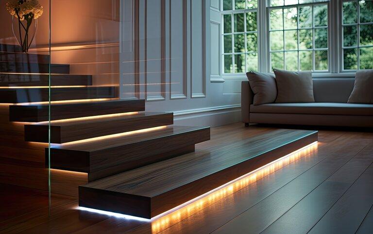 Schwebende Stufen einer Holztreppe mit LED-Leuchtstreifen unter jeder Stufe