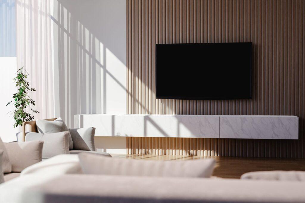 Modernes Wohnzimmer mit Akustikpaneel und TV