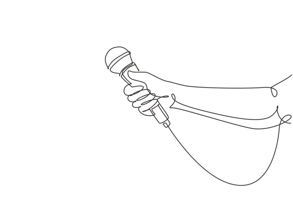 Line-Art-Illustration einer Hand, die ein Mikrofon hält, symbolisiert ein Interview mit einem Experten über Networking-Techniken und Geschäftsbeziehungen