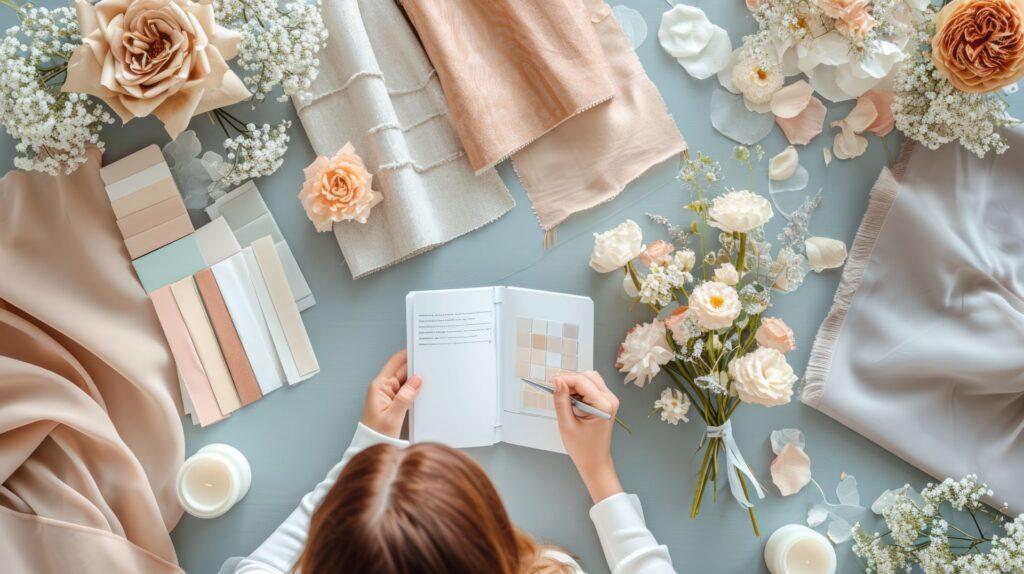 Eine Frau plant kreativ mit Stoffproben, Blumen und einem Notizbuch. Sie entwickelt farblich abgestimmte Konzepte und setzt auf durchdachte Planungsmethoden.