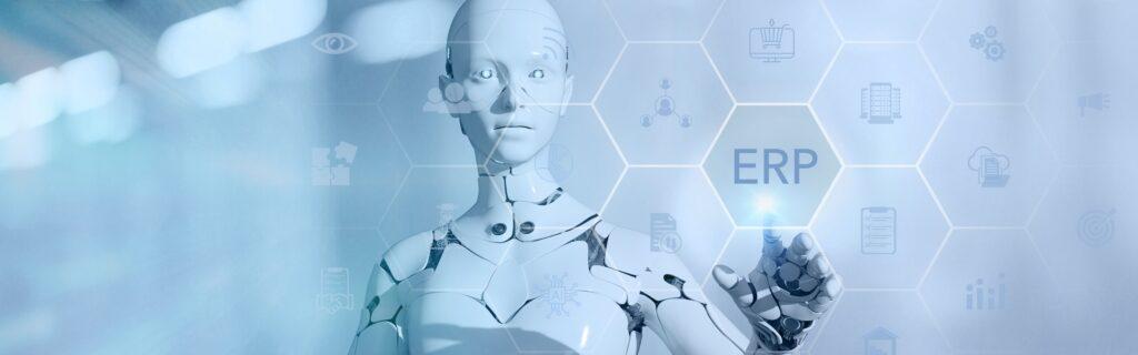 Ein hochmoderner Roboter zeigt auf ein leuchtendes "ERP"-Symbol, das von verschiedenen Symbolen für Geschäftsprozesse umgeben ist. Die blauen Hexagon-Designs im Hintergrund repräsentieren die digitale Vernetzung und Effizienz, die durch den Einsatz von ERP-Systemen und ERP Consulting erreicht werden können. Das Bild symbolisiert die Zukunft der Unternehmenssteuerung durch fortschrittliche Technologie und Beratung.