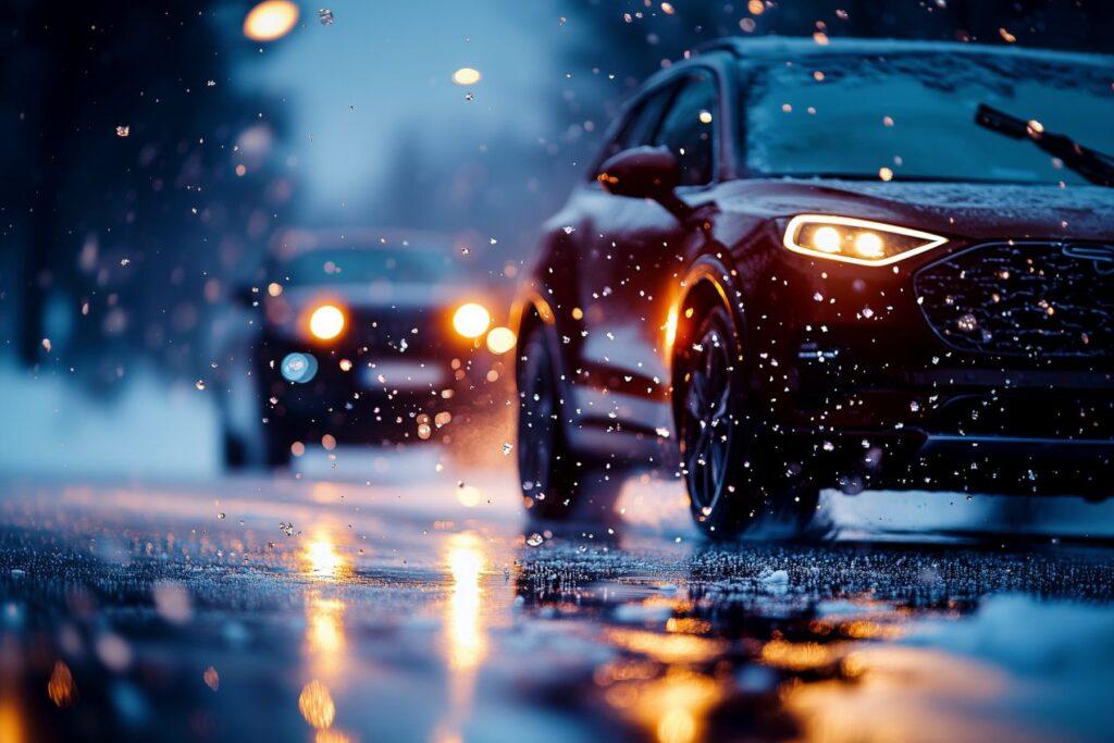 Ein Auto fährt auf einer vereisten Straße bei Schneefall. Ein Fahrsicherheitskurs in Winterthur hilft, solche gefährlichen Fahrbedingungen sicher zu bewältigen.