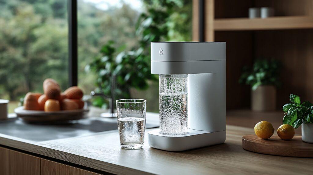 Moderne Wasserfilteranlage in einer stilvollen Küche füllt ein Glas mit gefiltertem Trinkwasser