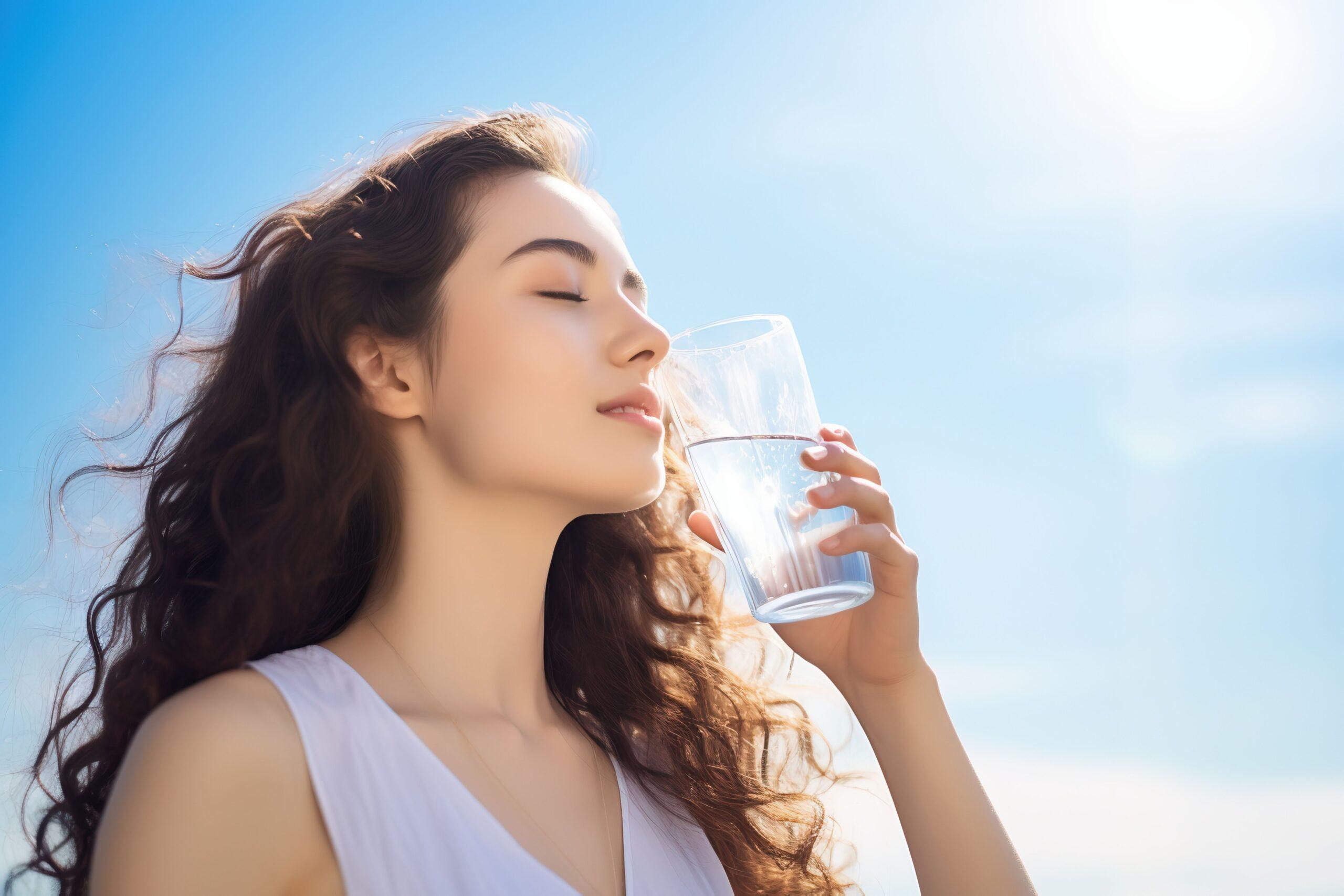 Frau genießt ein Glas sauberes Wasser unter blauem Himmel