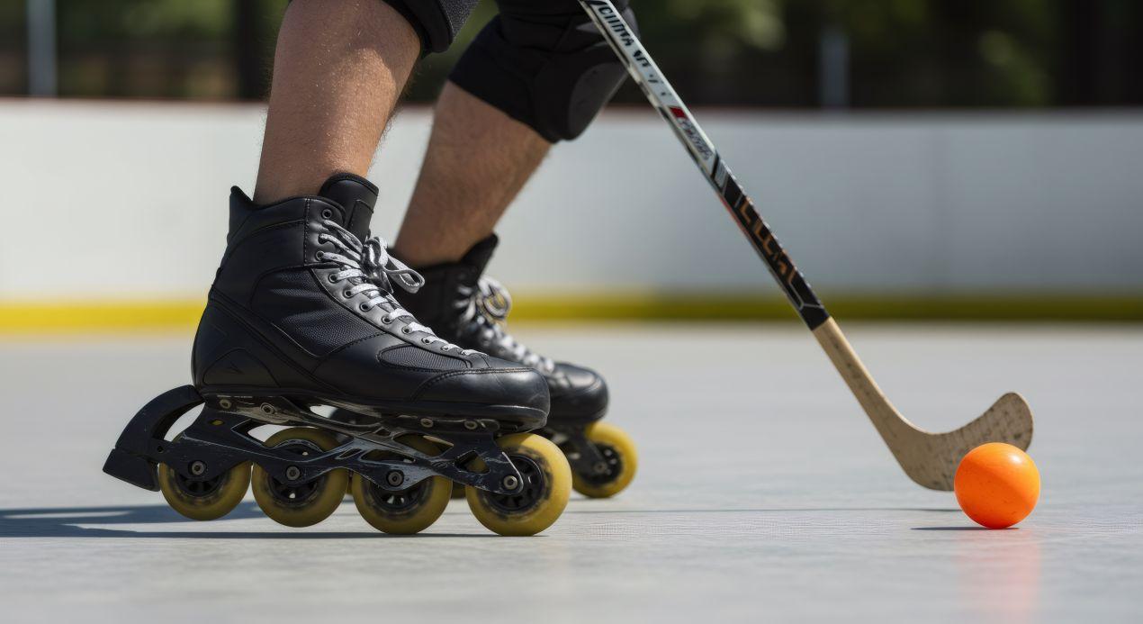 Inlinehockey-Spieler mit Schlaeger und orangem Ball auf Spielfeld – Fokus auf Technik und Ausruestung