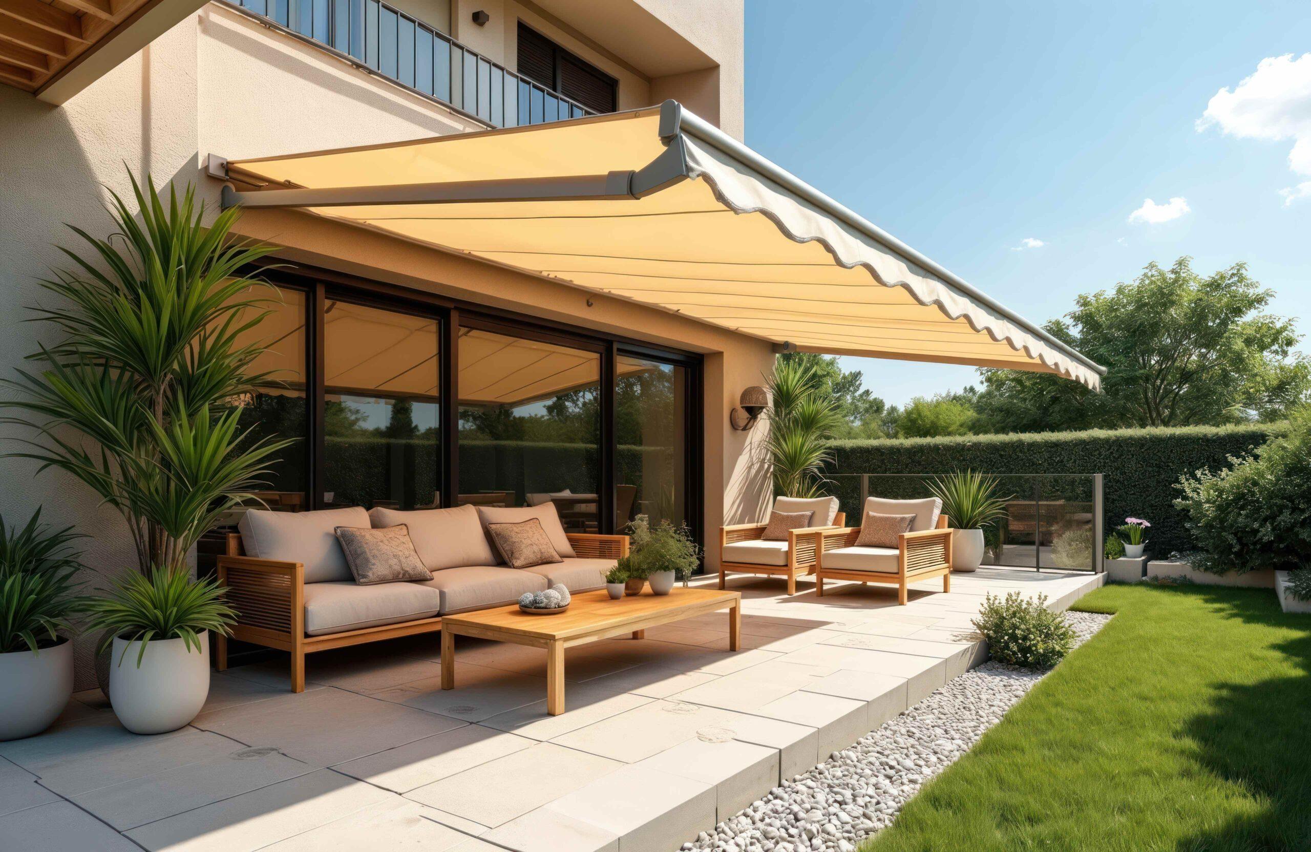 Sonnige Terrasse mit elektrischer Markise, stilvollen Gartenmöbeln und Pflanzen. Entspannender Patio mit modernem, komfortablem Wohnraum.