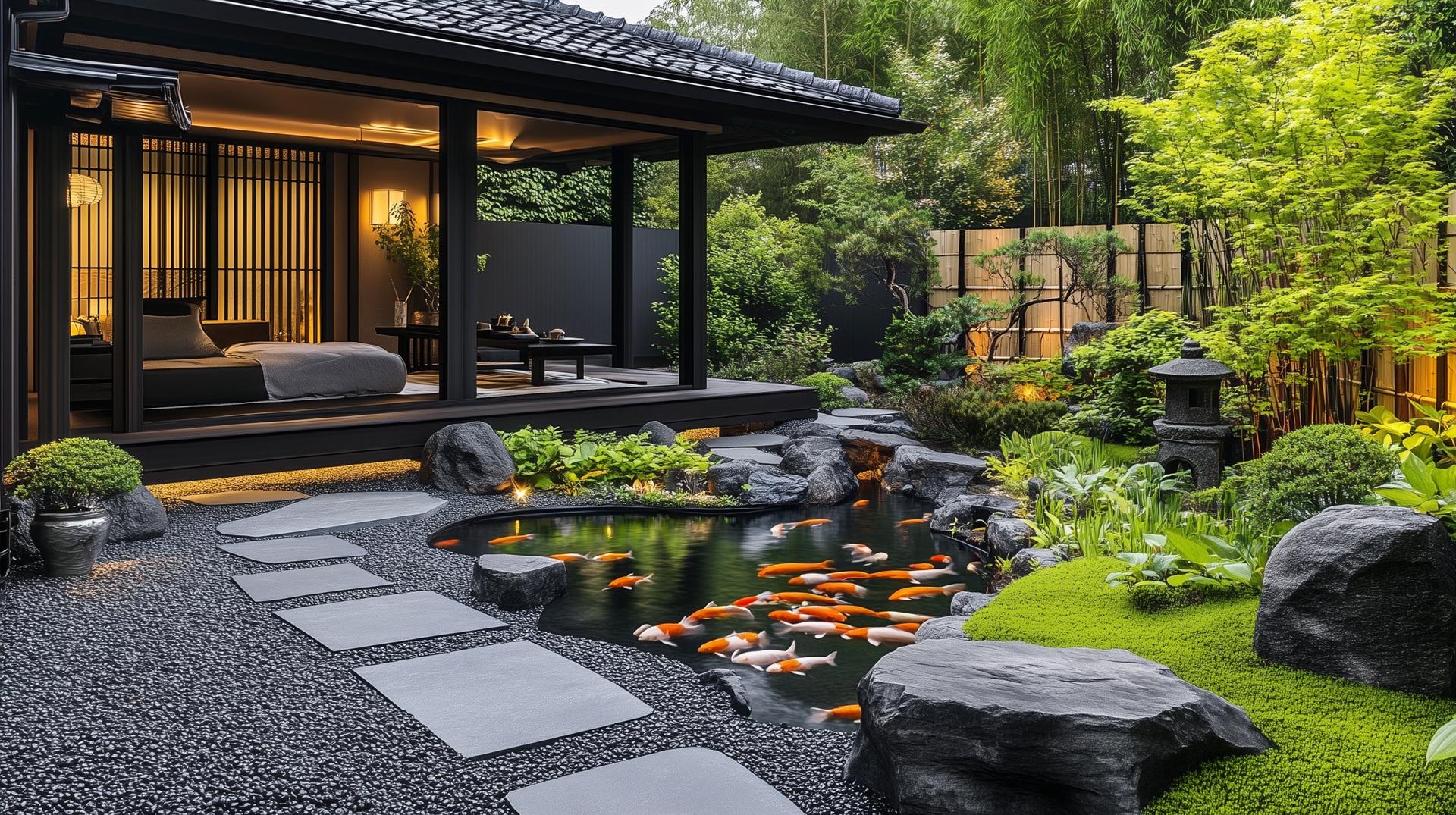 Asiatischer Garten mit Holzterrasse und Teich | wasserdurchlässige Sonnensegel


