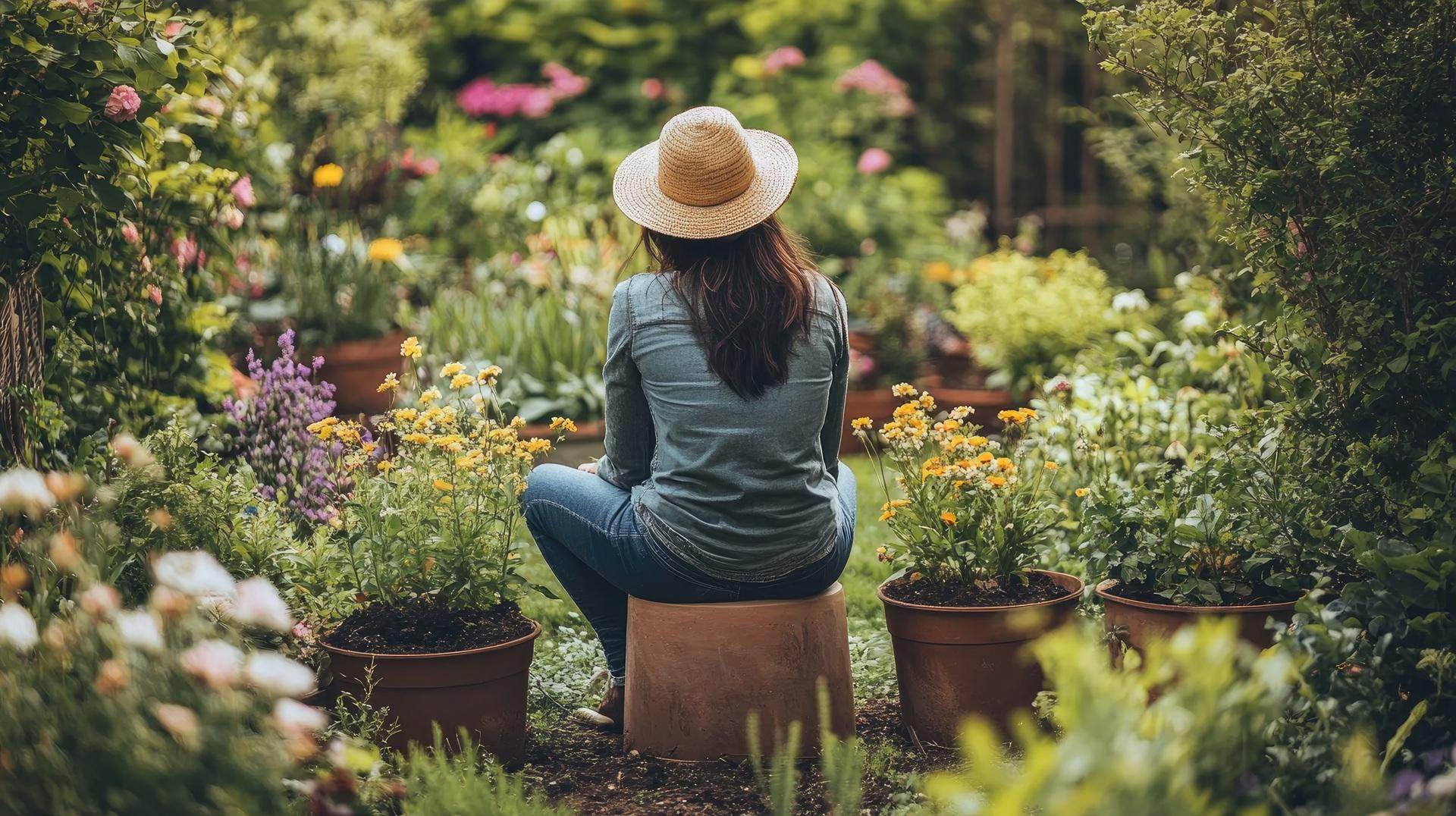 Blühender Garten mit Sitzplatz zwischen Pflanzen | wasserdurchlässige Sonnensegel

