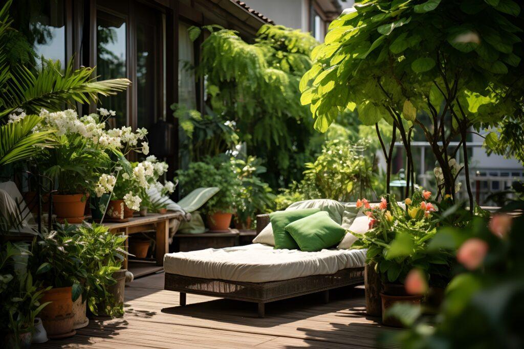 Terrasse mit Liegefläche und grüner Bepflanzung | wasserdurchlässige Sonnensegel