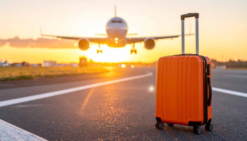 Der orange Koffer steht auf dem Rollfeld am Flughafen.
