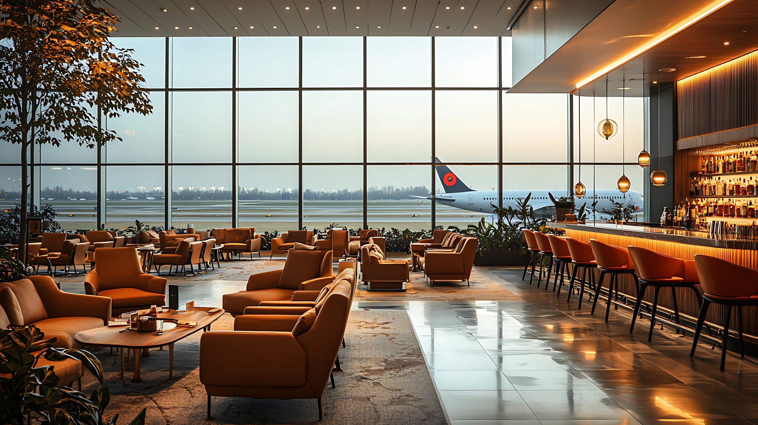 Flughafen-Lounge-Interieur mit großem Fenster