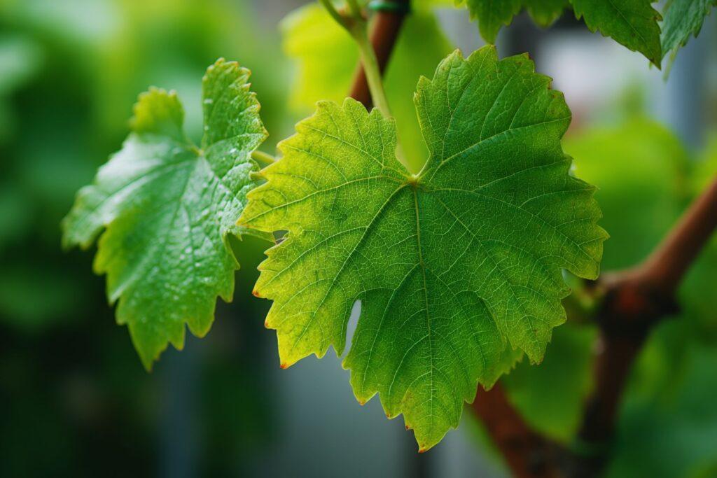 Detailansicht eines Weinblatts mit klarer Struktur und Sonnenlicht auf hellgruener Flaeche