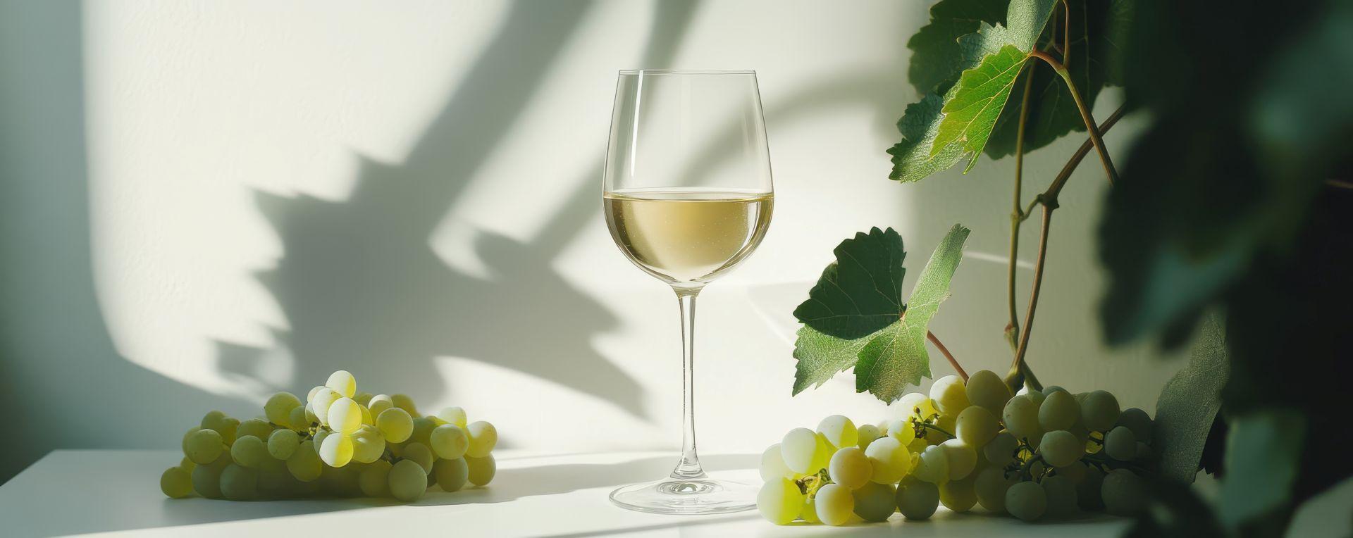 Ein Glas Weisswein mit hellen Trauben und Blattwerk in stilvoller Lichtstimmung auf weissem Tisch
