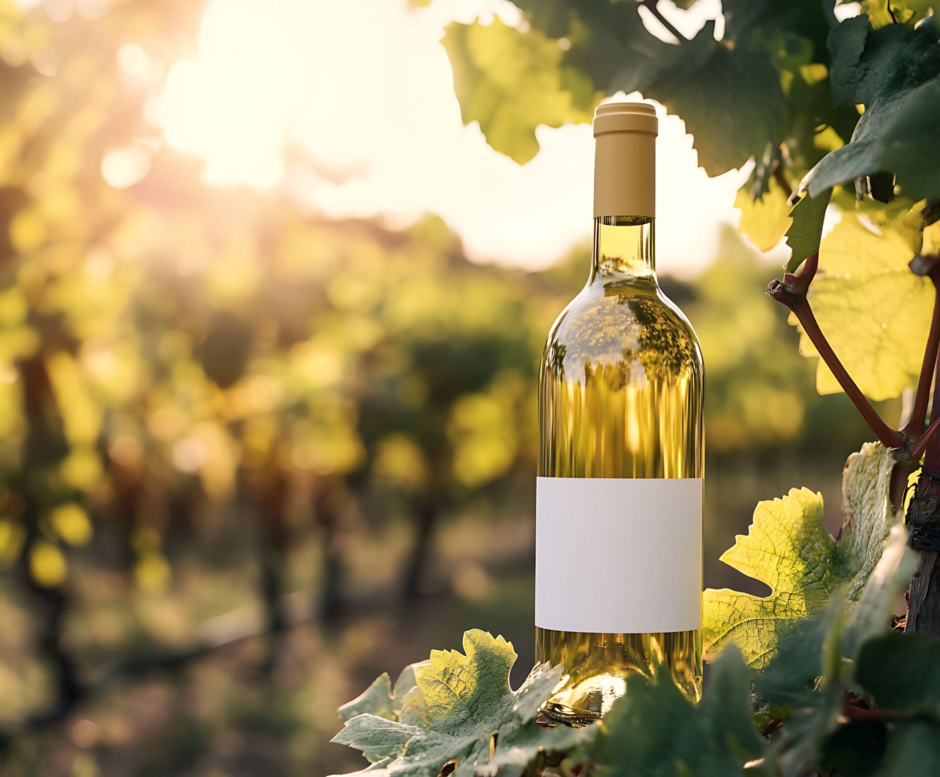 Flasche Weisswein mit weissem Etikett steht im abendlichen Weinberg mit goldenem Sonnenlicht