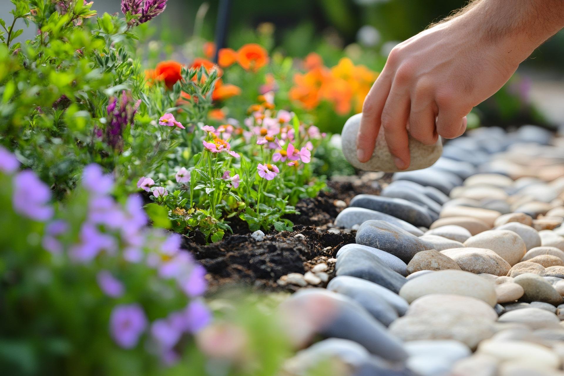Hand legt Steine an farbenfrohem Blumenbeet | Ziersteine