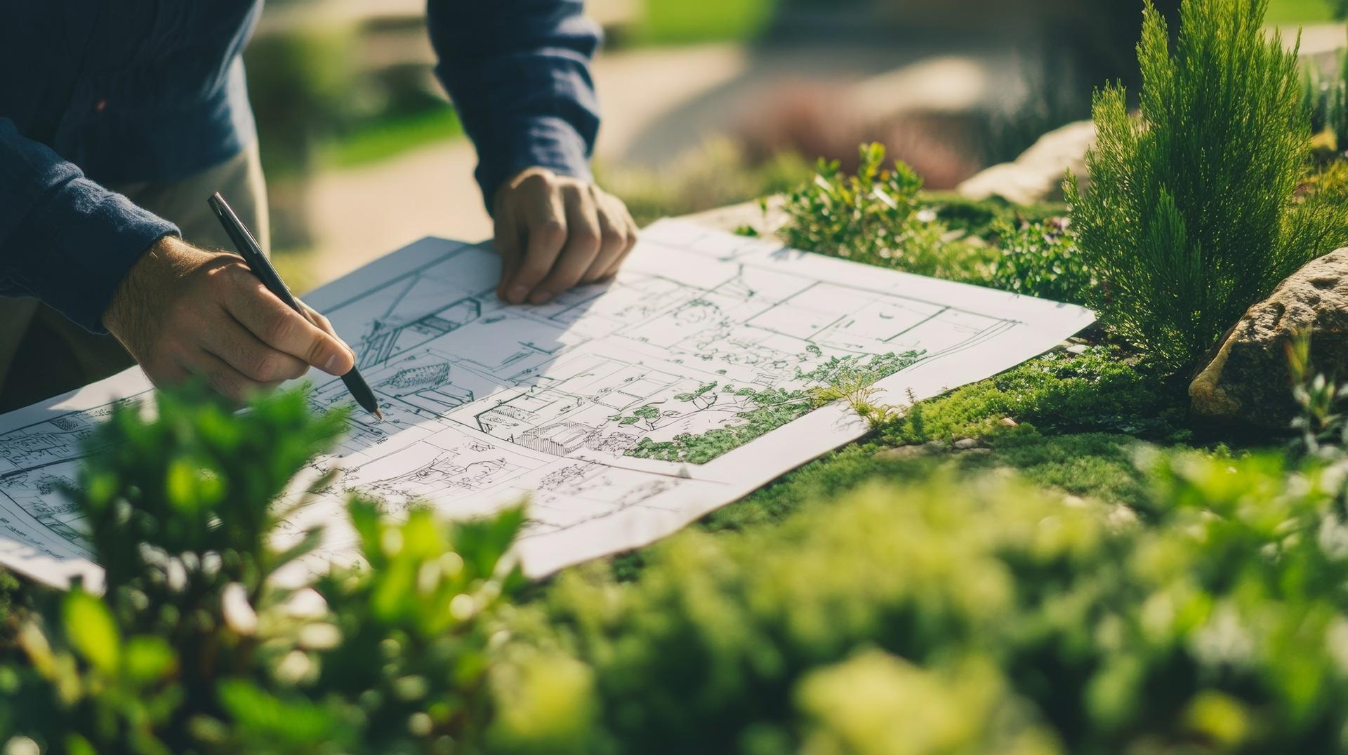 Person zeichnet detaillierten Gartenplan im Grünen | Ziersteine