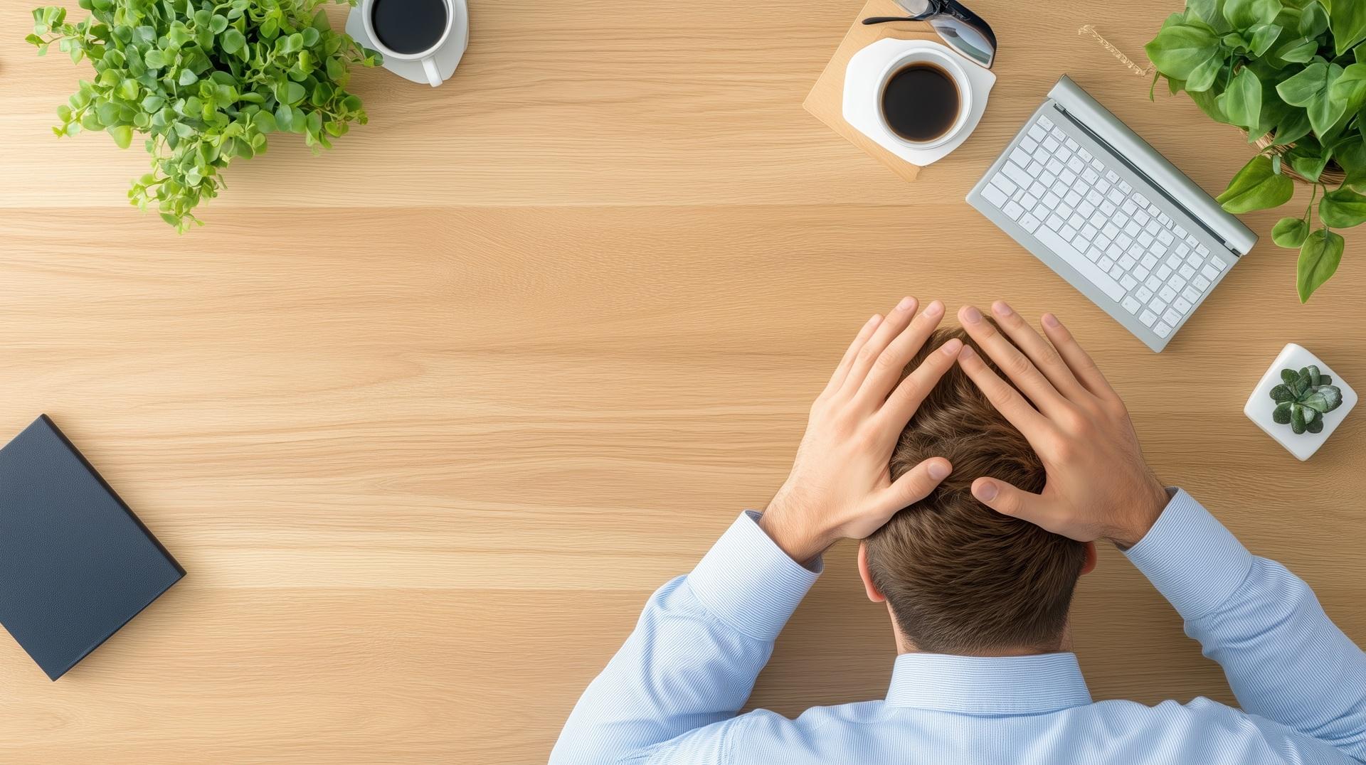 Gestresste Person am Schreibtisch von oben | Ghostwriter Bachelorarbeit